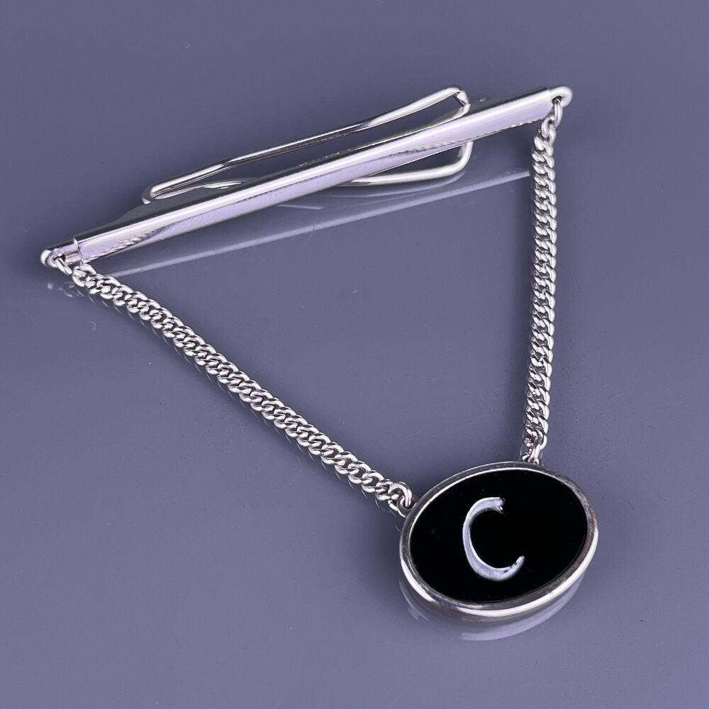 C Initial Black Enamel Tie Clip Bar Chain White Gold Plated Anson Vintage